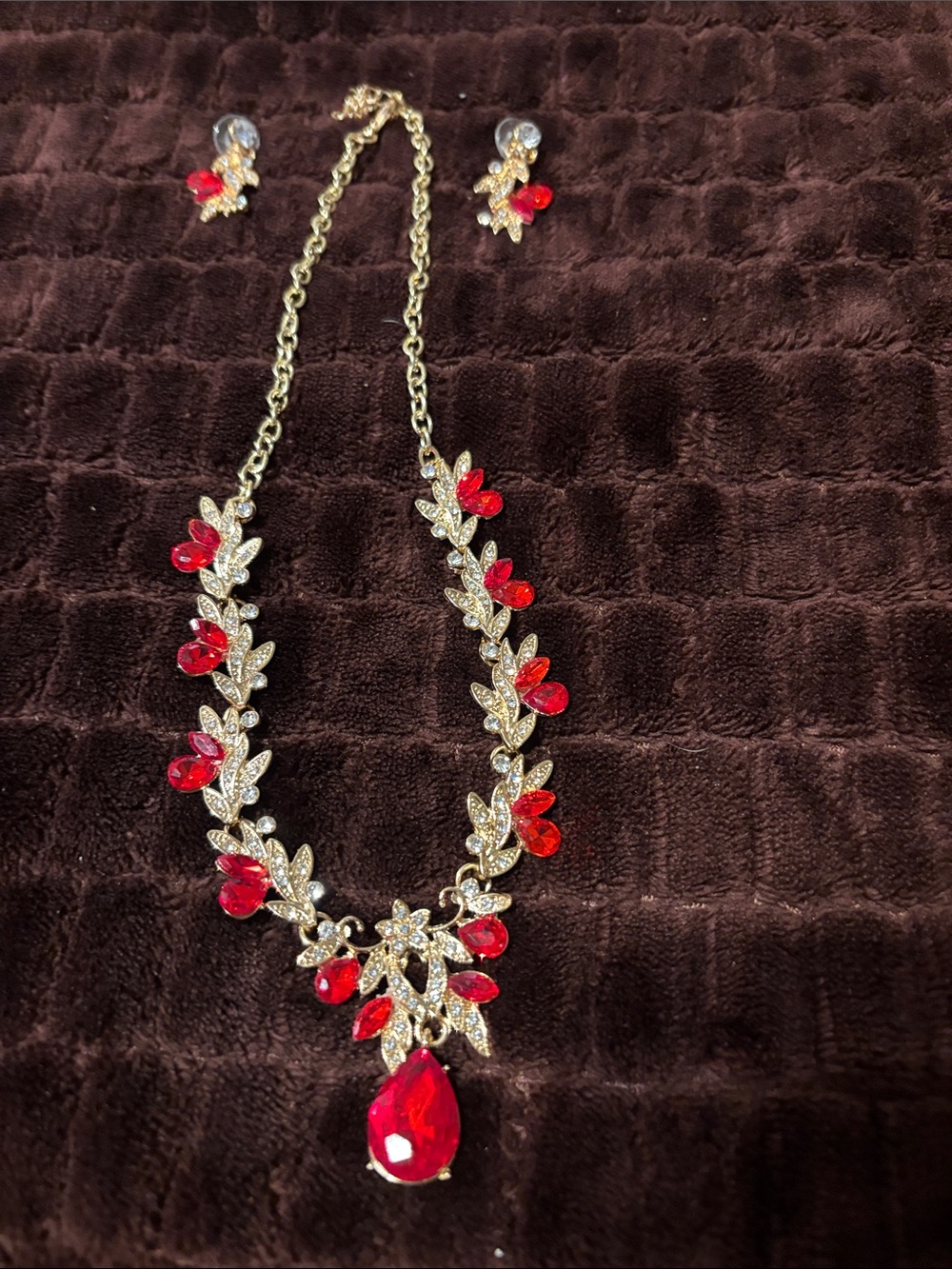 Gold-Tone Red Crystal Leaf Necklace with Matching Earrings